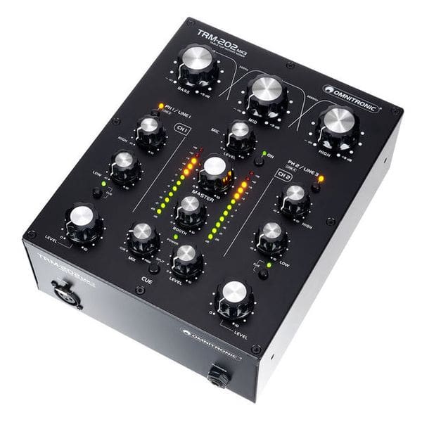 A black Omnitronic TRM-202 MK3 rotary mixer with multiple knobs, sliders, and LED indicators